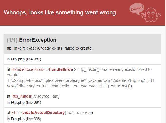 ftp,makeDirectory,Storage,目录出错,新建已存在目录出错,ftp_mkdir(): /aa: Already exists, failed to create